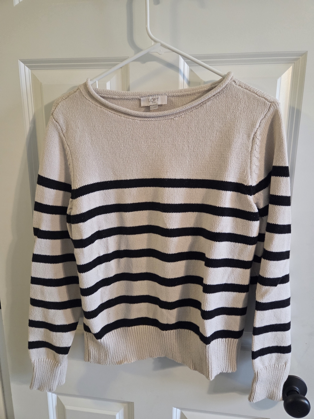 LOFT Cream Crewneck Sweater with Black Stripes